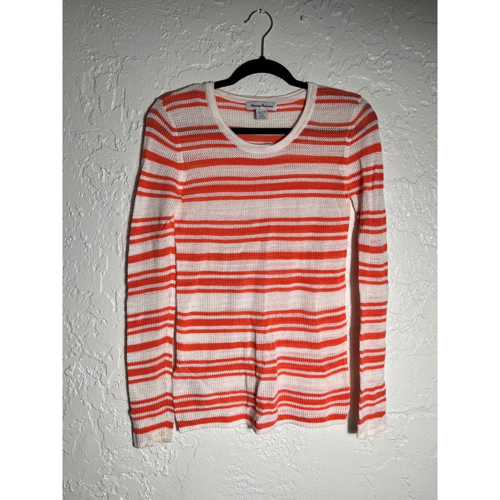 Tommy Bahama Orange White‎ Striped Knit Sweater XS Lightweight Crew Neck Top